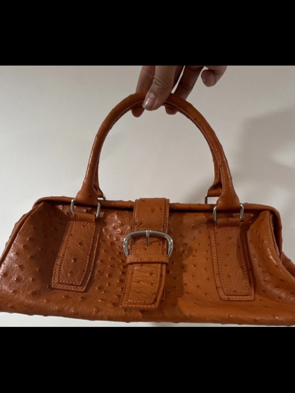 Textured Tan Orange Top-Handle Satchel with Buckle Accent